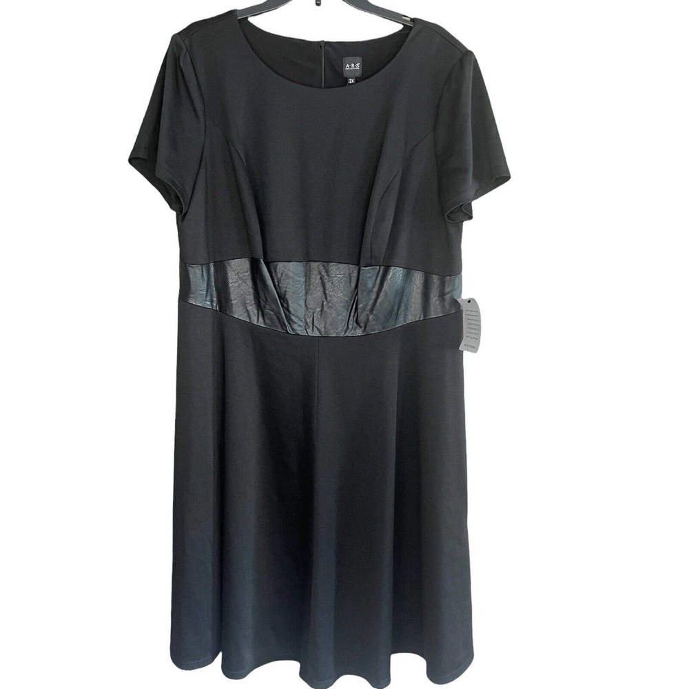 ABS Collection Dress Womens 2X Black Faux Leather Accent Short Sleeve New